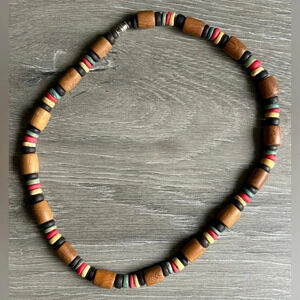 Beaded Necklace Jamaican Colors W/ Wood 18.75”